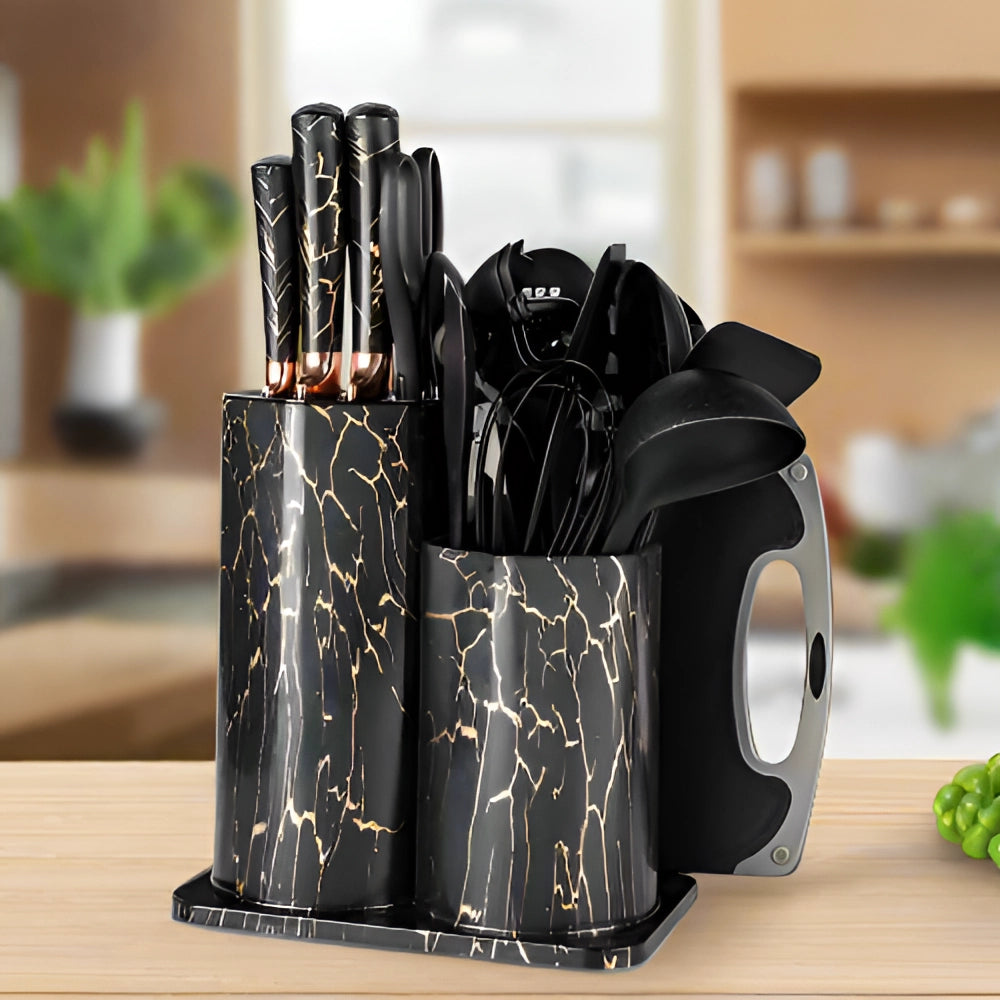 Elegant Black Marble Utensil & Knife Block Set with Ergonomic Design | 29-Piece Kitchen Essential for Effortless Cooking 0