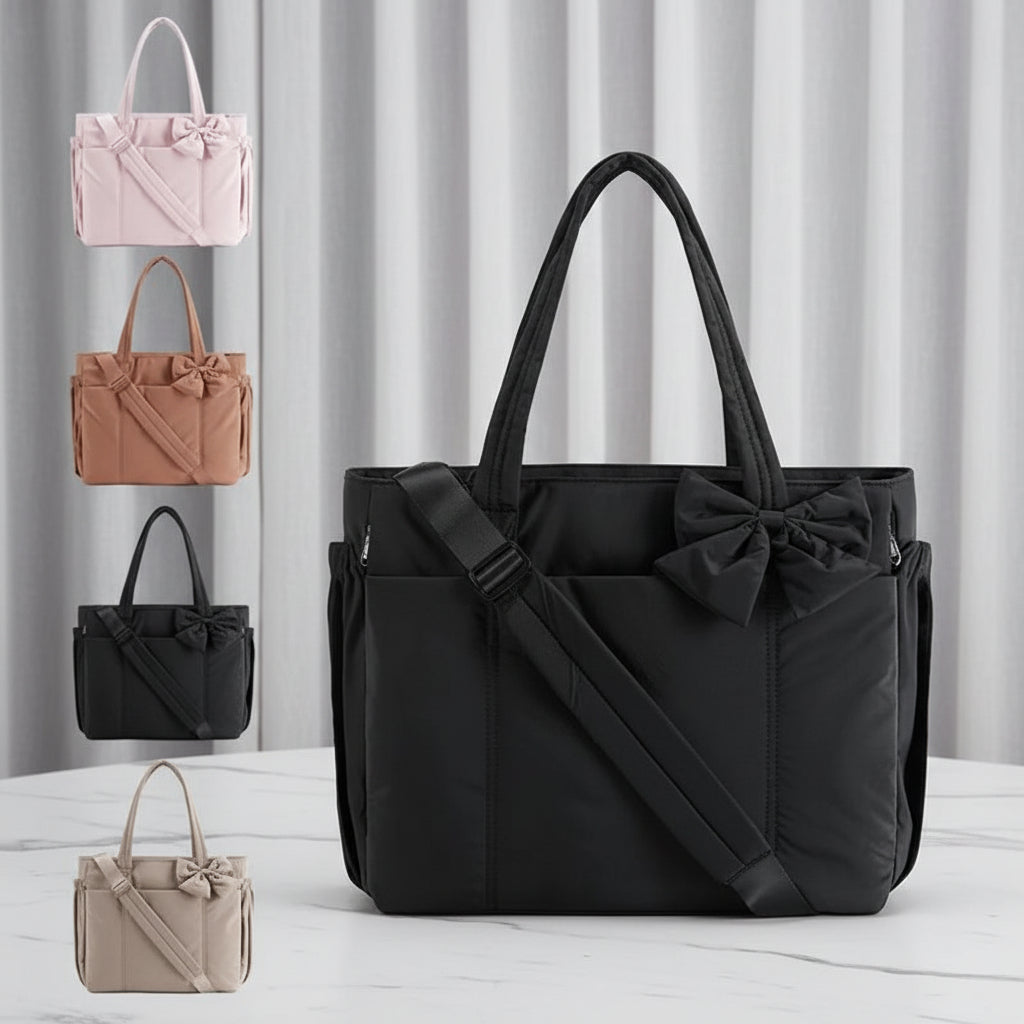 Elegant Bow Tote Bag for Women with Zipper Closure | Lightweight Nylon Handbag for Work & Travel 0