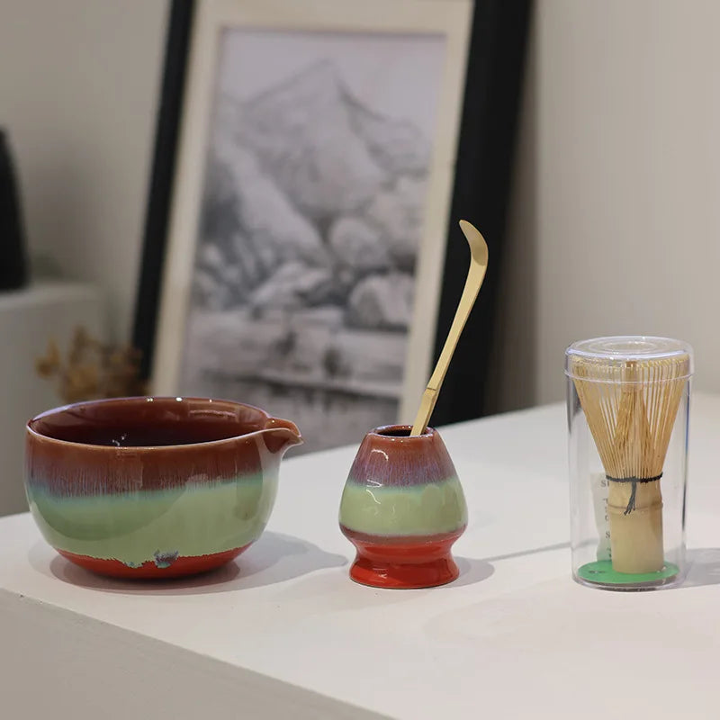 Elegant Ceramic Matcha Tea Set with Unique Glaze & Bamboo Whisk for Authentic Tea Experience 0