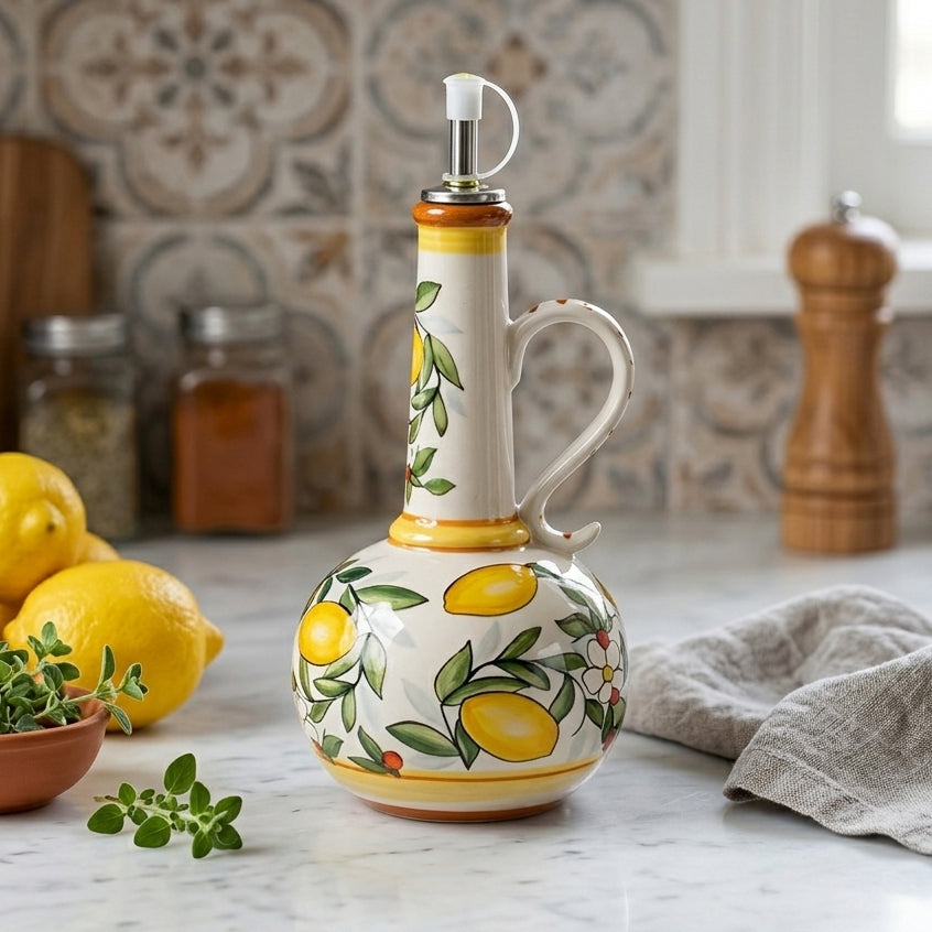 Elegant Ceramic Oil Dispenser with Metal Pour Spout | Perfect Olive Oil and Vinegar Bottles for Kitchen Decor 0
