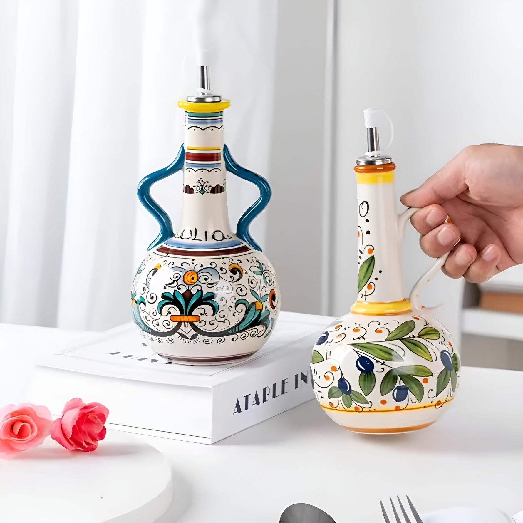 Elegant Ceramic Oil Dispenser with Metal Pour Spout | Perfect Olive Oil and Vinegar Bottles for Kitchen Decor 5