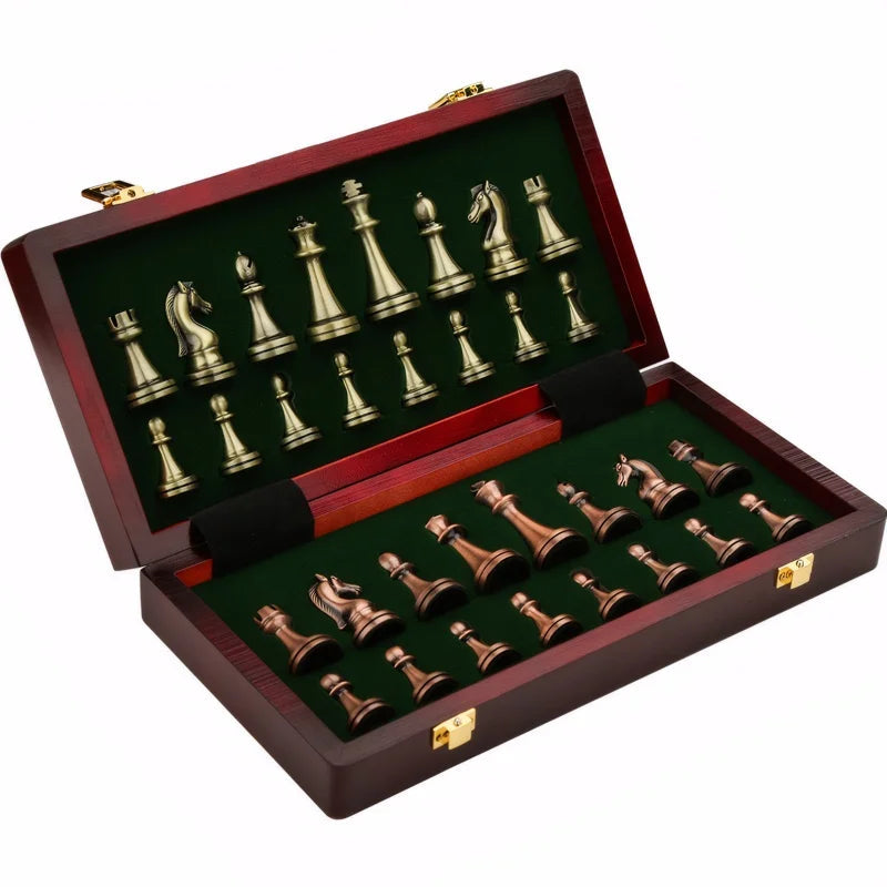 Elegant Chess Set | Antique Bronze Pieces with Foldable Wood Board | Timeless Design for Classic Gameplay 0