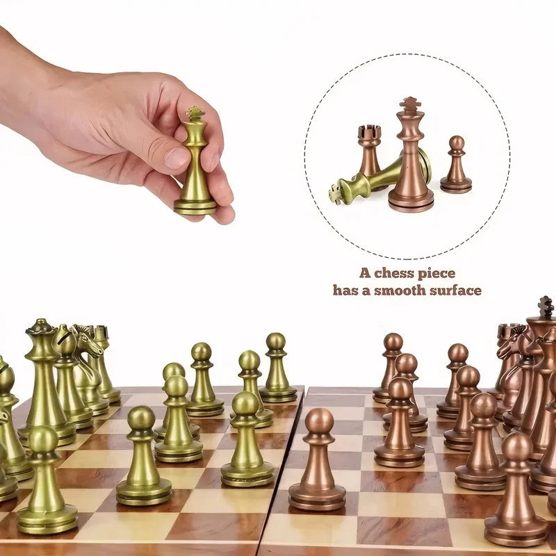 Elegant Chess Set | Antique Bronze Pieces with Foldable Wood Board | Timeless Design for Classic Gameplay 5