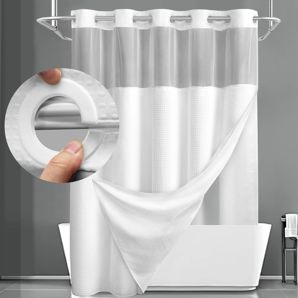 Elegant Double Layer Shower Curtain Set with Waffle Texture | Hookless Design for Easy Installation 0