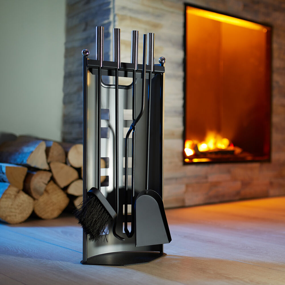 Elegant Fireplace Tool Set | 4-Piece Stainless Steel Tools with Wall-Mounted Rack for Easy Access 0