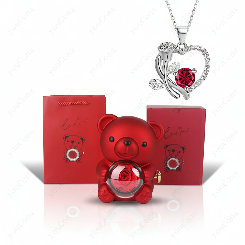 Elegant Heart Pendant Necklace with Zircon & Rose Bear Gift Box for Women 0