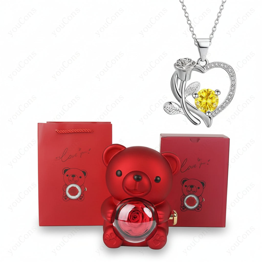 Elegant Heart Pendant Necklace with Zircon & Rose Bear Gift Box for Women 3