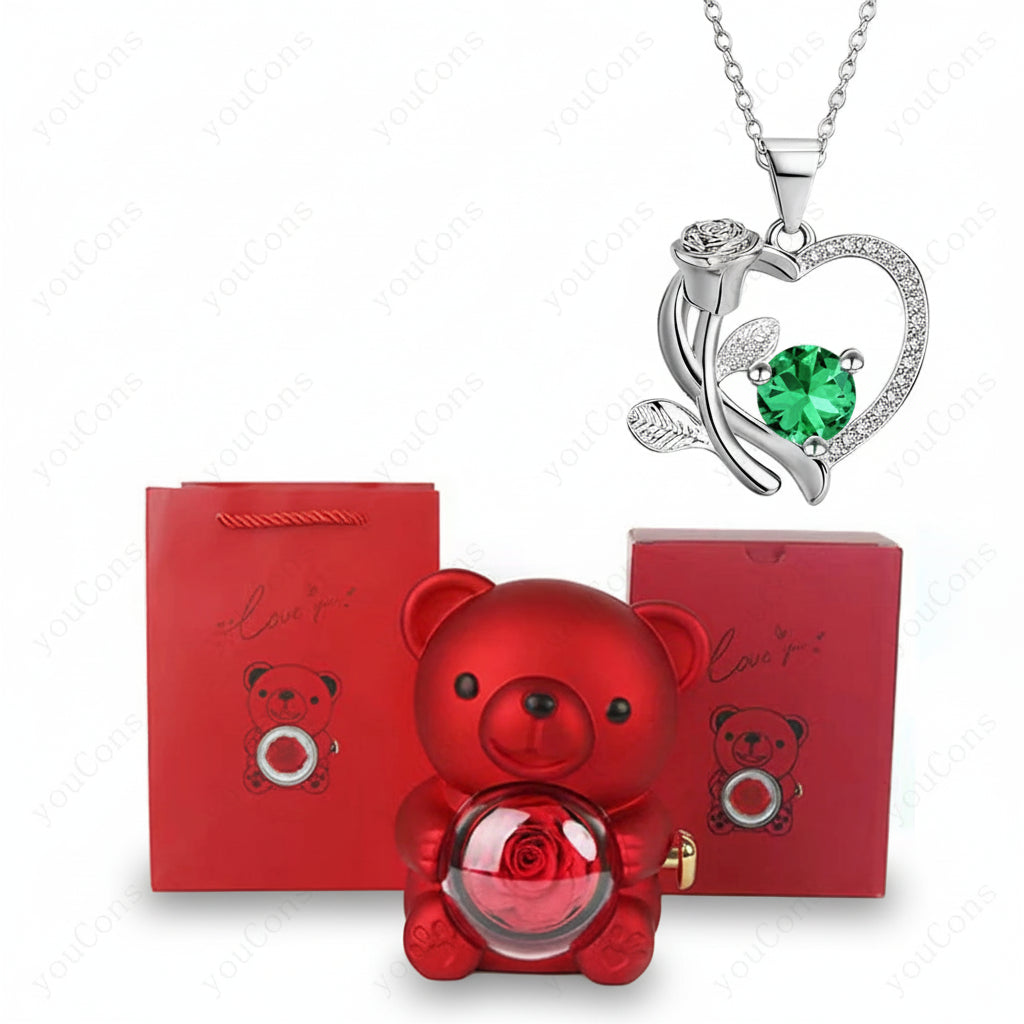 Elegant Heart Pendant Necklace with Zircon & Rose Bear Gift Box for Women 4