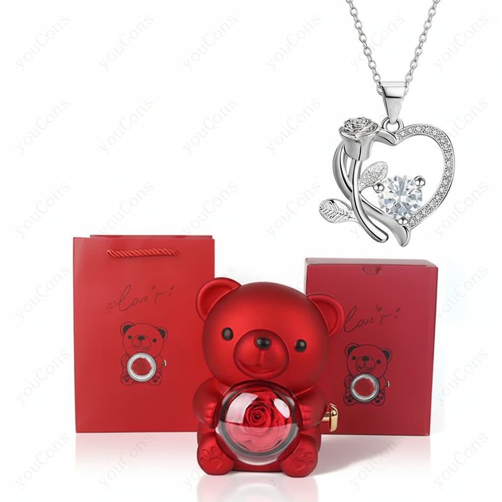 Elegant Heart Pendant Necklace with Zircon & Rose Bear Gift Box for Women 7