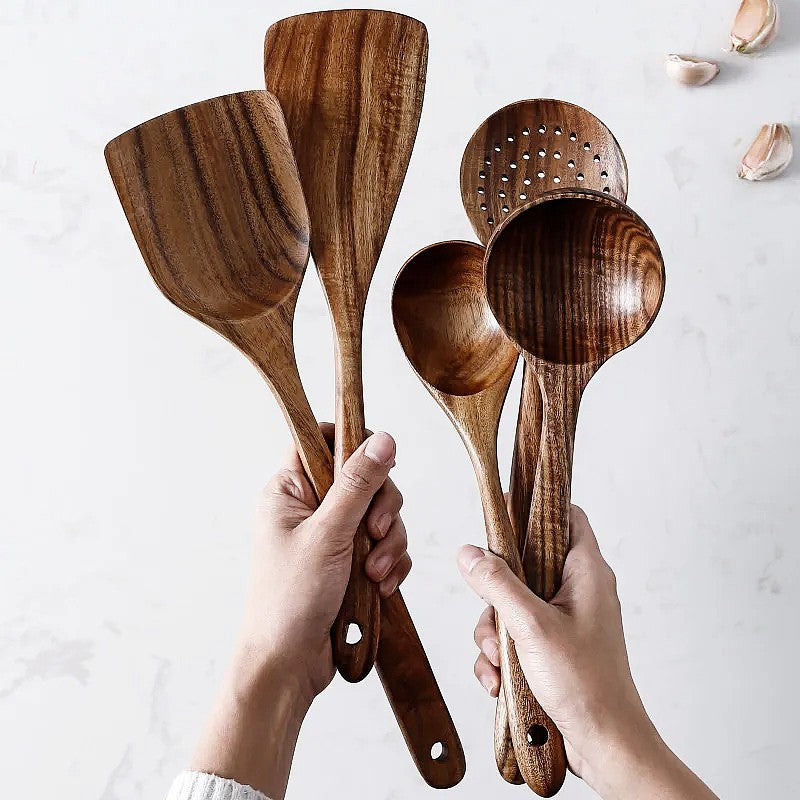 Elegant Kitchen Utensil Set | 7-Piece Teak Wood Collection for Versatile Cooking 1