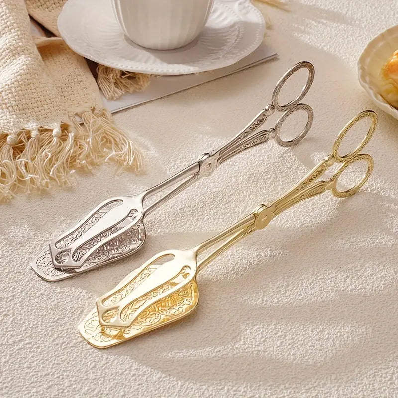 Elegant Stainless Steel Serving Tongs with Vintage Engravings | Perfect for Effortless Salad and Cake Serving 0