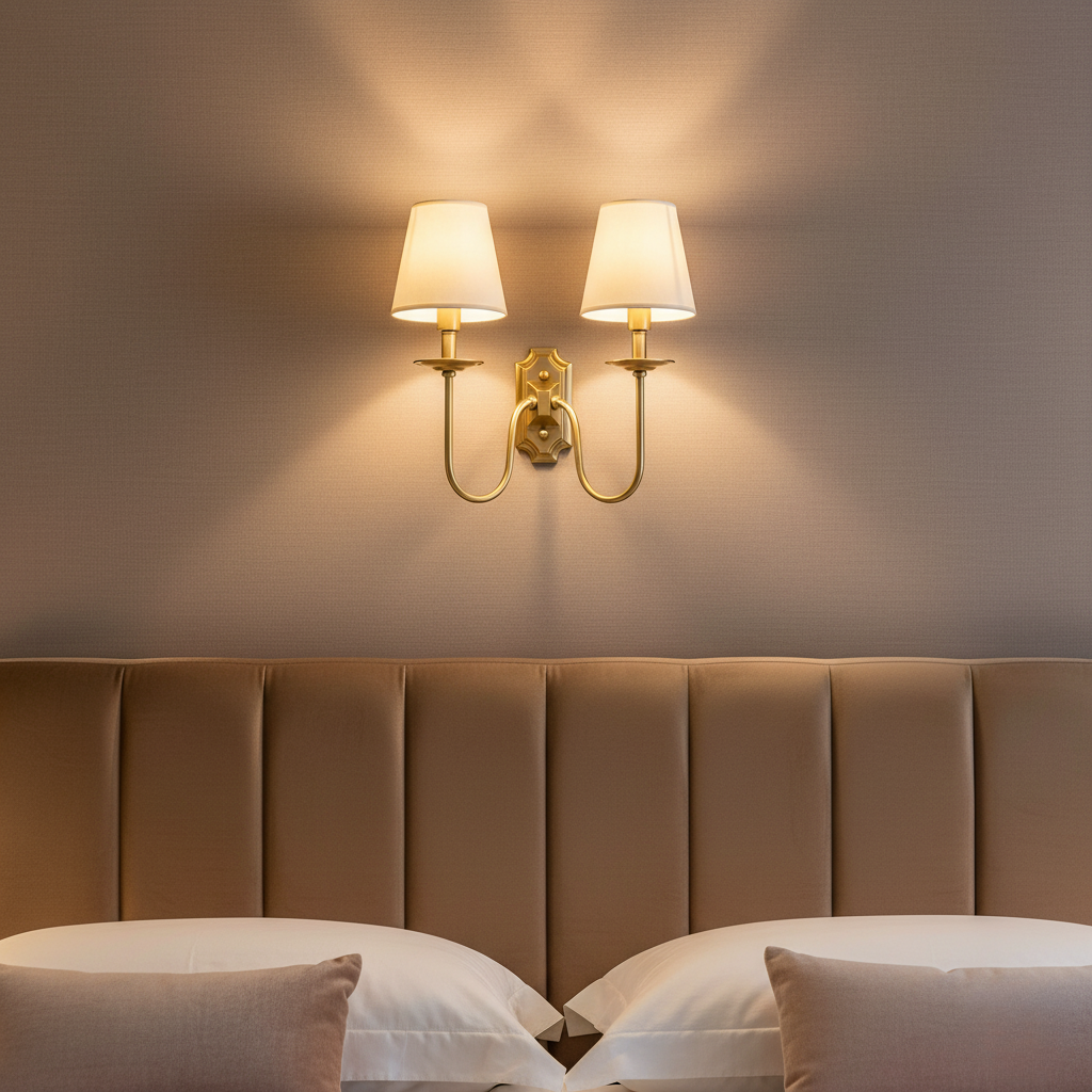 Elegant Wall Sconce | Brass Lighting Fixture with Fabric Shades | Timeless Design for Classic Interiors 0