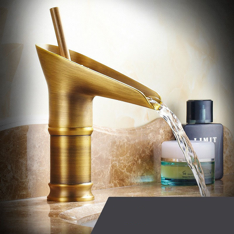 Elegant Waterfall Bathroom Faucet with Antique Brass Finish | Smooth Cascading Flow for Luxurious Sinks 0