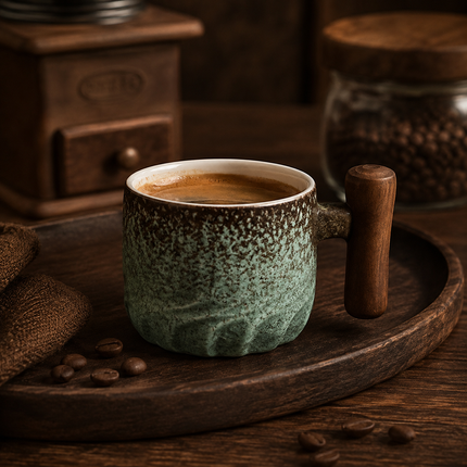 Vintage Espresso Cups with Wooden Handle, 80ml Durable Ceramic Coffee Cups in Black, Blue and Green for Home and Cafe Use