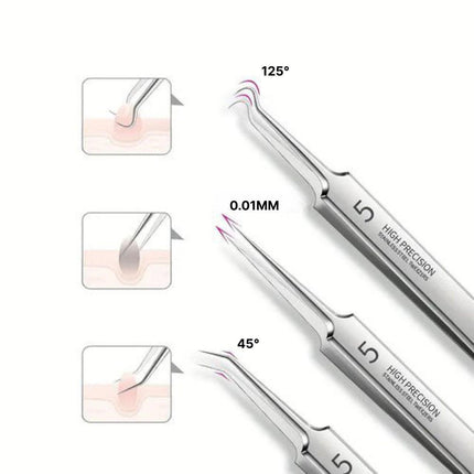 Blackhead Remover Tool 3 Piece, Stainless Steel Tweezers Angled Straight Curved, Comedone Extractor Pimple Popping Tool
