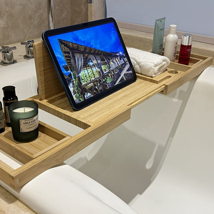 Bamboo Bathtub Tray Adjustable, Bath Caddy Tray for Book and Drink