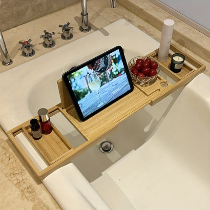 Bamboo Bathtub Tray Adjustable, Bath Caddy Tray for Book and Drink – image 4
