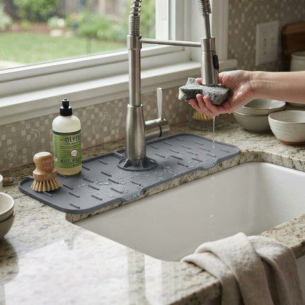 Silicone Sink Mat and Water Absorbing Mat, Faucet Drip Tray with Adjustable Hole, Bathroom Sink Mat and Vanity Pad