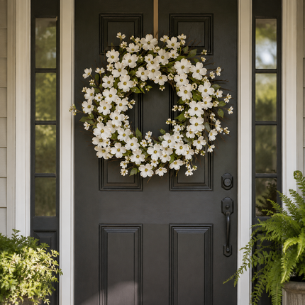 Front Door Wreath, White Dogwood Flower Wreath with Rattan Base, Artificial Spring Wreath for Wall and Fireplace