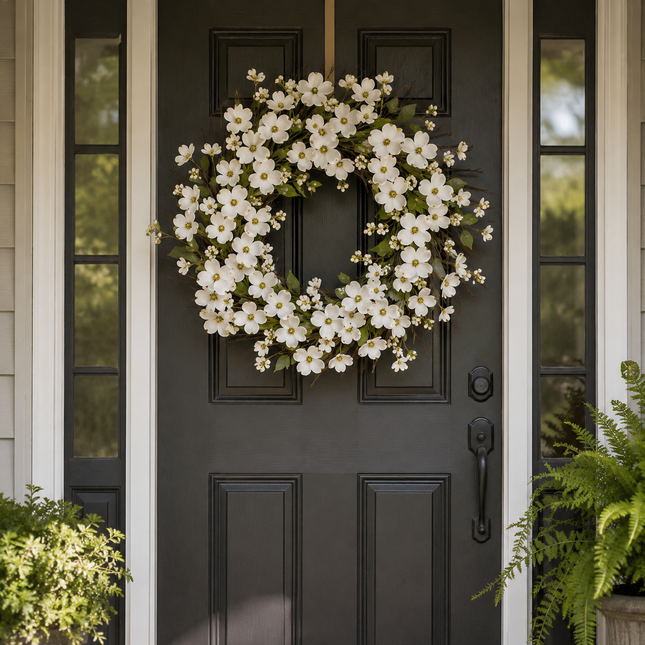 Wreath for Front Door, White Dogwood Flower Wreath with Rattan Base, Artificial Spring Wreath for Wall and Fireplace