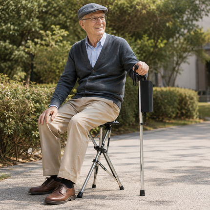 Folding Walking Stick with Seat, Lightweight Portable Cane Chair with Non Slip Rubber Tip and Ergonomic Pommel Grip for Outdoor Walks