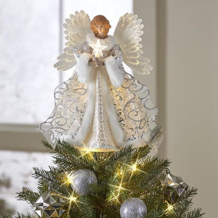 Christmas Tree Topper Angel, Animated Angel Tree Topper with Light Up Wings and Star, Heavenly Angel Christmas Decor