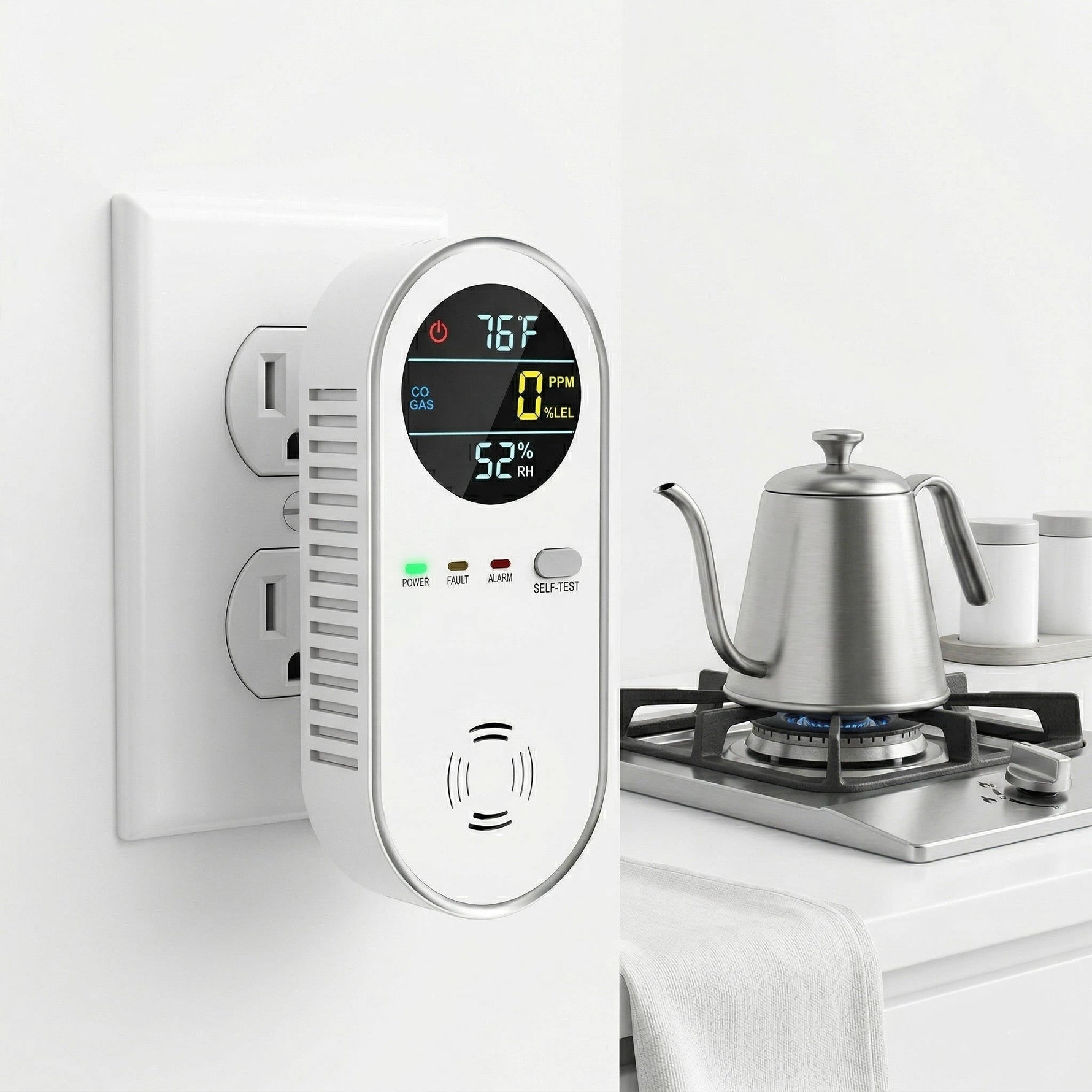 Tuzwa Carbon Monoxide & Gas Detector – Plug-In CO, Natural Gas & Propane Monitor with Temp/Humidity Display & 85dB Alarm