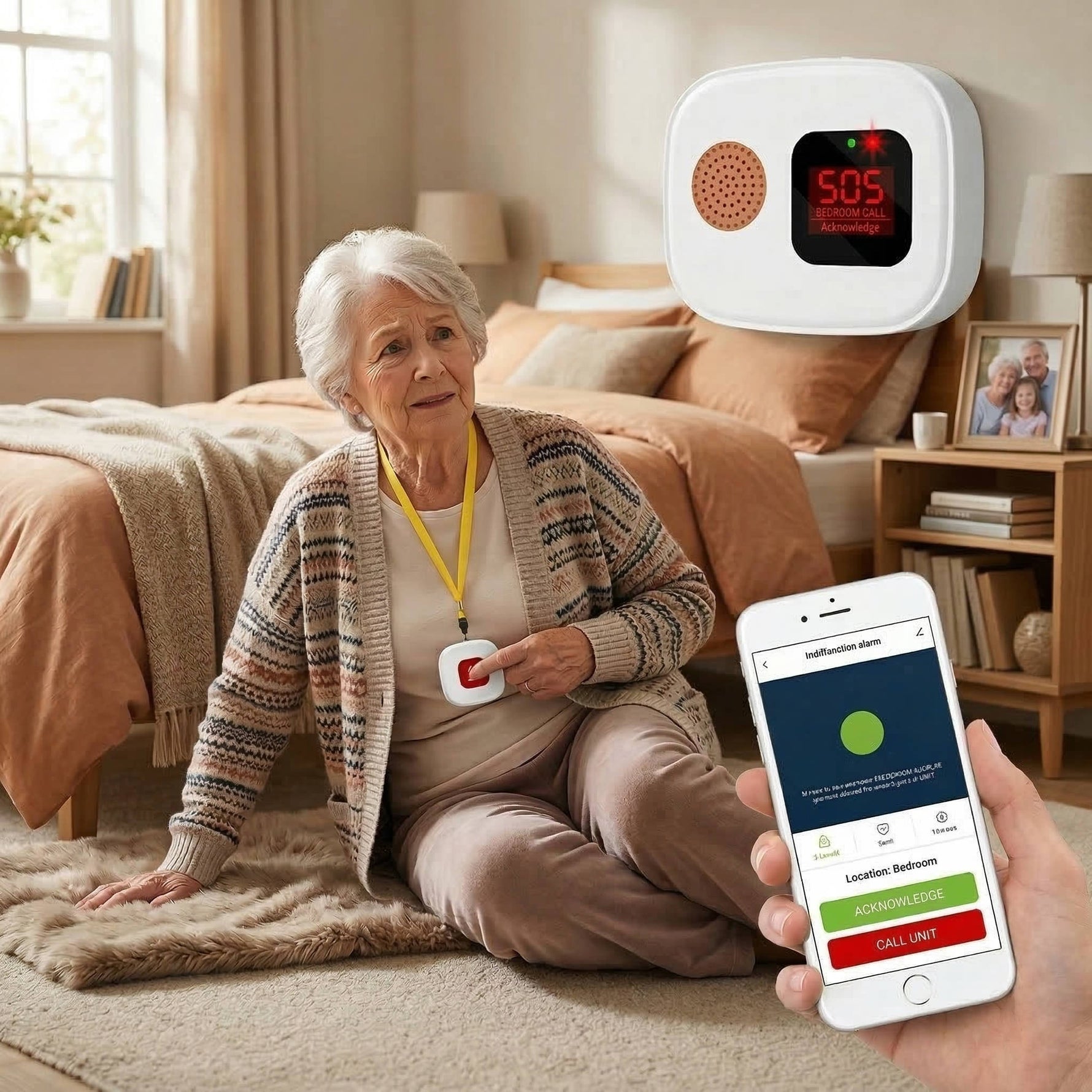 Tuzwa Medical Alert Button for Seniors – 328FT Wireless Caregiver Call System with 120dB Alarm, App Alerts, LED Flash & Lanyard