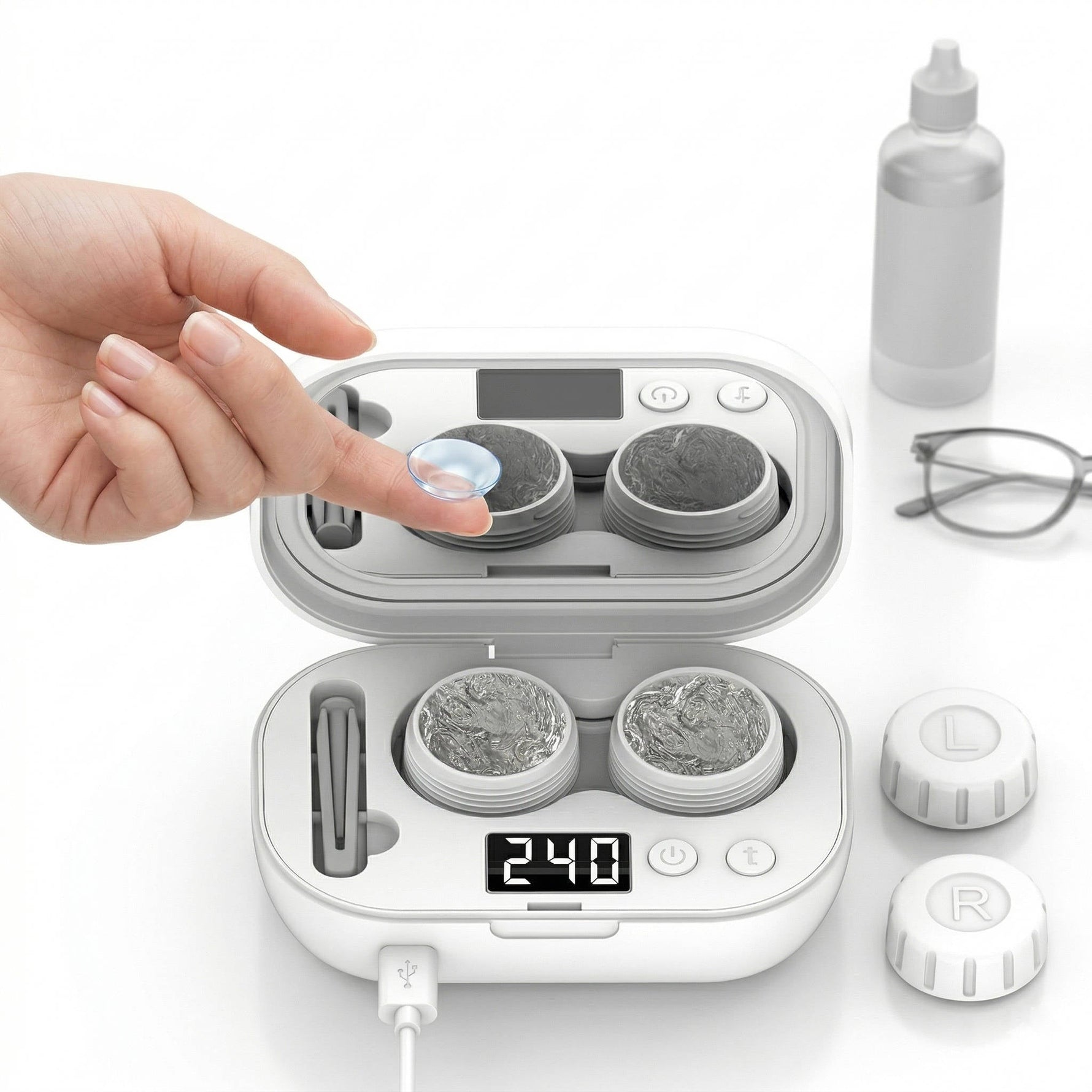 Tuzwa Ultrasonic Contact Lens Cleaner – 47,000Hz Rechargeable Lens Cleaning Device with 2–5 Min Timers, Dual Chambers, LED Display & USB Charging