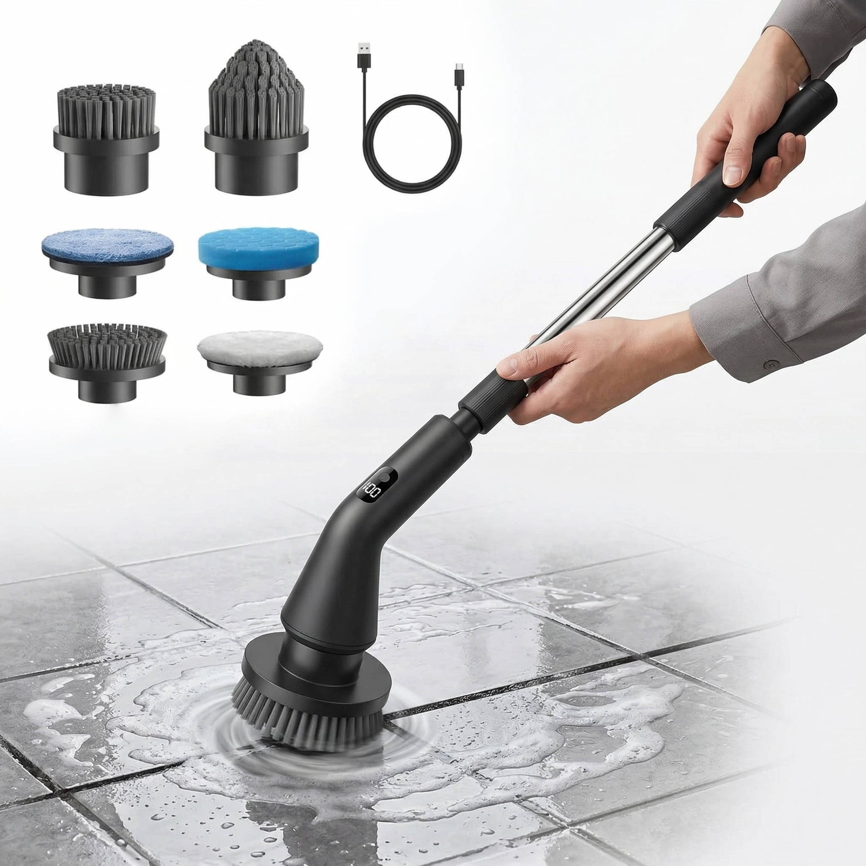 Tuzwa Cordless Electric Spin Scrubber – 300/400 RPM Cleaning Brush with 7 Heads, Extendable Handle, 5000mAh Battery & IPX7 Rating