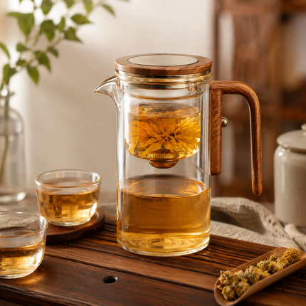 Water Separation Glass Teapot with Infuser, 500ml and 700ml Borosilicate Glass Tea Pot with Anti-Scald Wooden Handle and Strainer