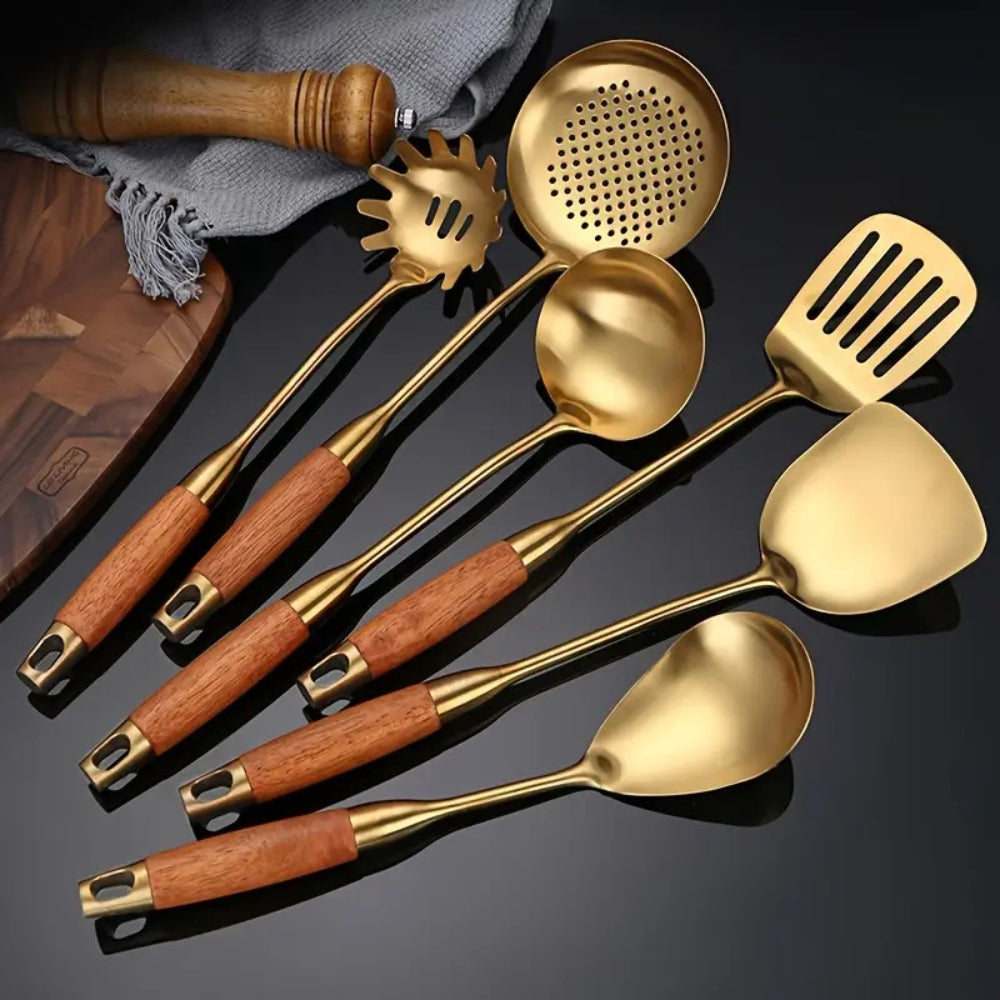 Golden Kitchen Utensils Set with Ergonomic Handles | 6-Piece Premium Cooking Tools for Elegant Meal Preparation 0