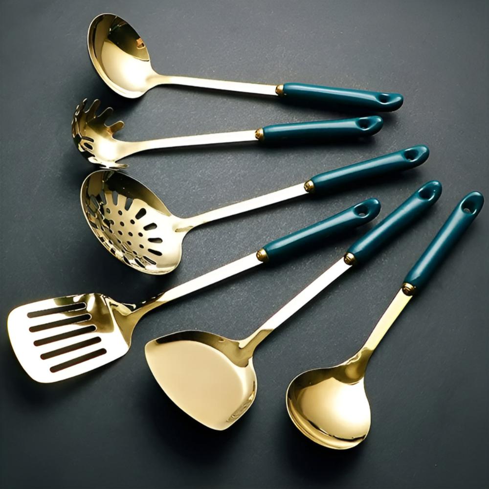 Golden Stainless Steel Cooking Utensils Set with Ergonomic Handles | Complete Kitchenware for Effortless Cooking 0