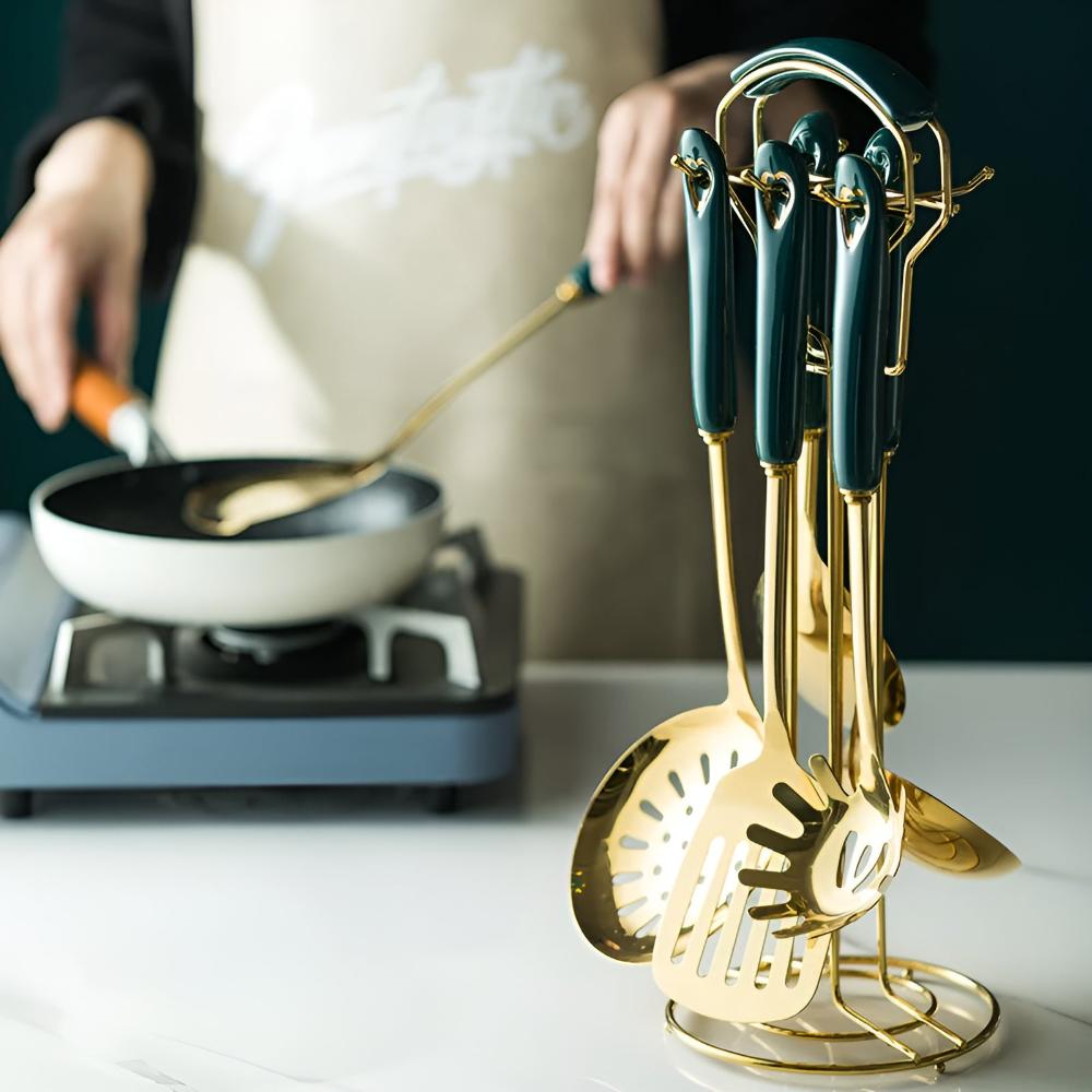 Golden Stainless Steel Cooking Utensils Set with Ergonomic Handles | Complete Kitchenware for Effortless Cooking 5