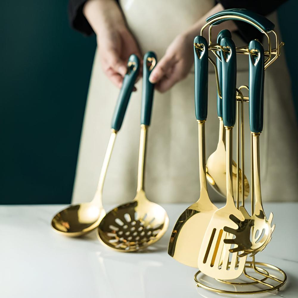 Golden Stainless Steel Cooking Utensils Set with Ergonomic Handles | Complete Kitchenware for Effortless Cooking 7