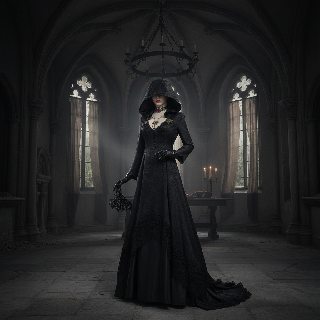 Gothic Vampire Costume Set with Hooded Dress & Accessories | Elegant Adult Halloween Costumes for Striking Looks 0