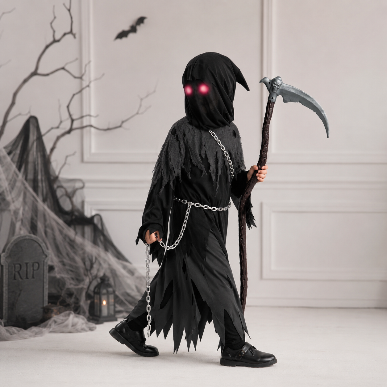 Grim Reaper Hooded Robe Set for Kids with Glowing Eyes | Spooky Costume for Halloween Fun 0