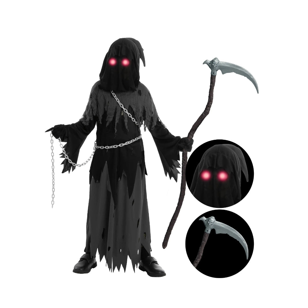 Grim Reaper Hooded Robe Set for Kids with Glowing Eyes | Spooky Costume for Halloween Fun 4