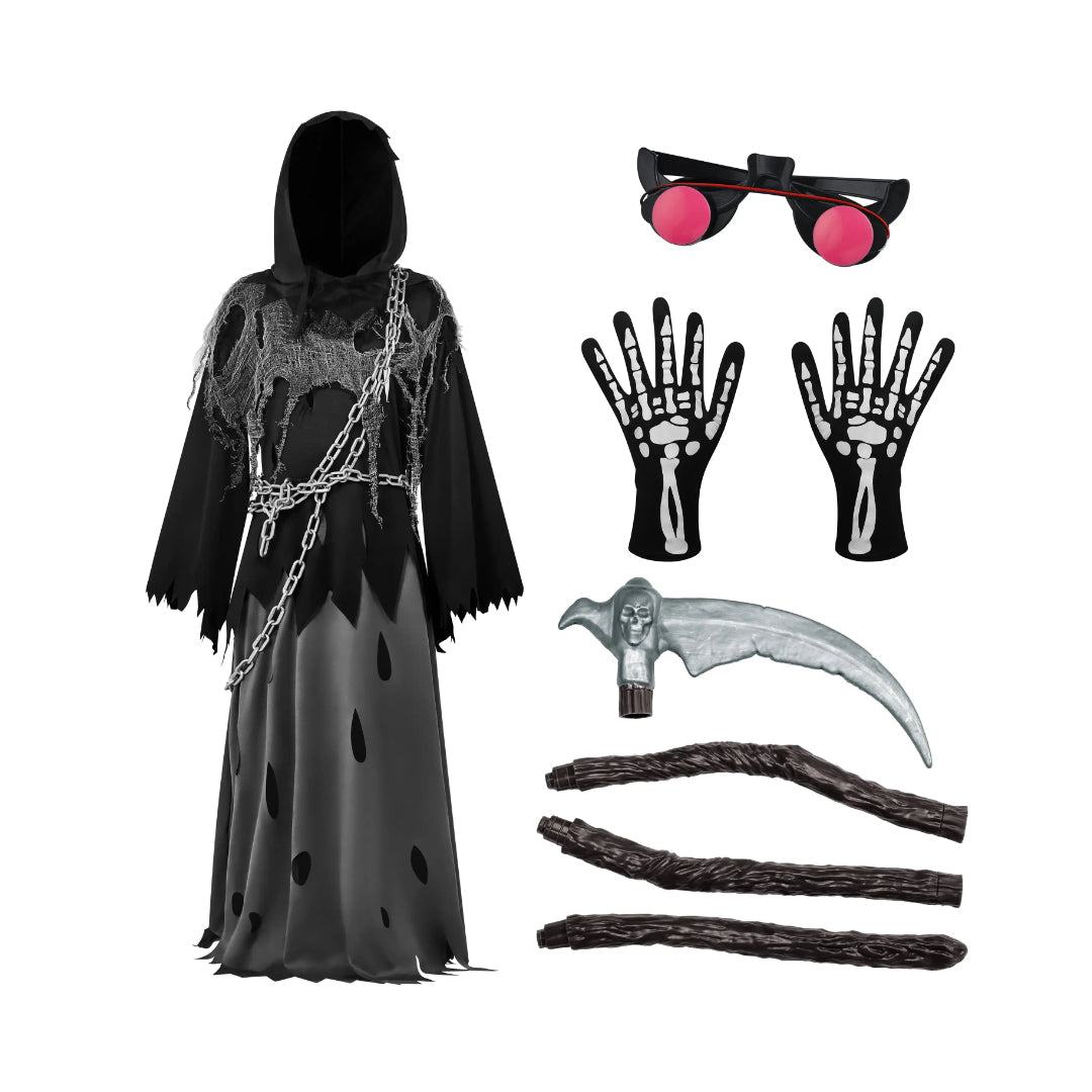 Grim Reaper Hooded Robe Set for Kids with Glowing Eyes | Spooky Costume for Halloween Fun 6