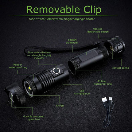 Rechargeable Tactical Pocket Flashlight, Waterproof Aluminum Zoom Torch with 5 Modes for Camping and Cars