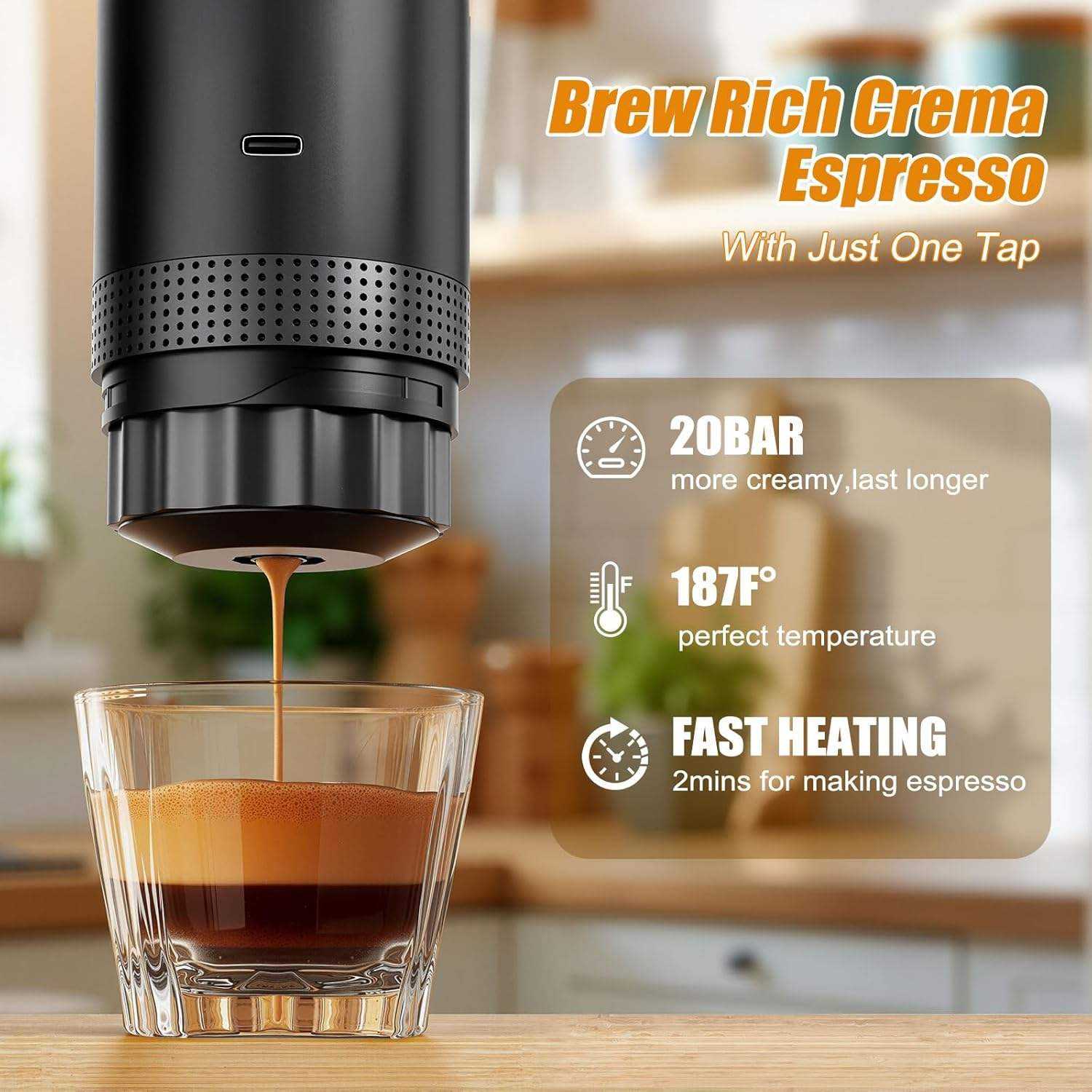 Portable Espresso Coffee Maker | Wireless 3-in-1 Portable Espresso Machine with 20-Bar Pressure & USB Rechargeable Design for Travel, Car & Home