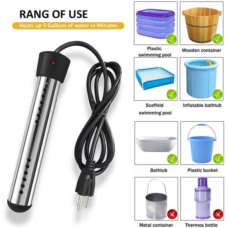 Tuzwa 1500W Immersion Water Heater – Portable Bucket Heater for Up to 100 Gallons, 304 Stainless Steel, Grounded Plug