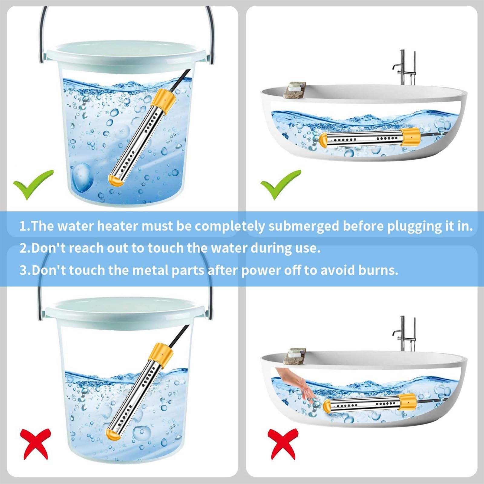 Tuzwa 1500W Immersion Water Heater – Portable Bucket Heater for Up to 100 Gallons, 304 Stainless Steel, Grounded Plug
