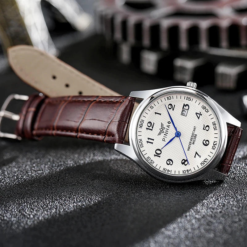 Tuzwa Men’s Leather Strap Watch – Casual Analog Wristwatch with Arabic Numerals, 12mm Case & Battery Included