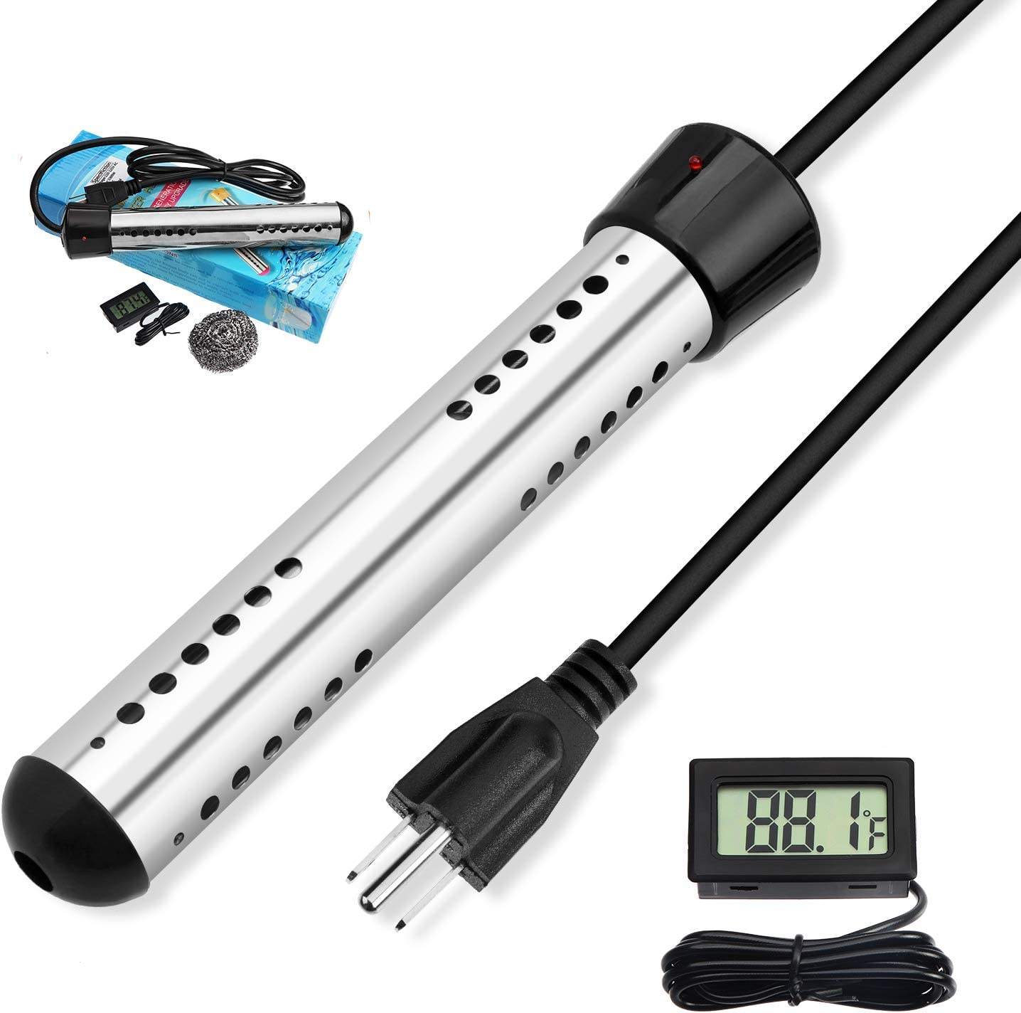 Tuzwa 1500W Immersion Water Heater – Portable Bucket Heater for Up to 100 Gallons, 304 Stainless Steel, Grounded Plug