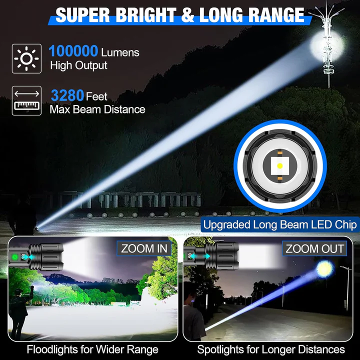 High-Power Tactical Flashlight | 100,000 Lumens & Adjustable Beam | Durable Waterproof Design for Outdoor Adventures 5