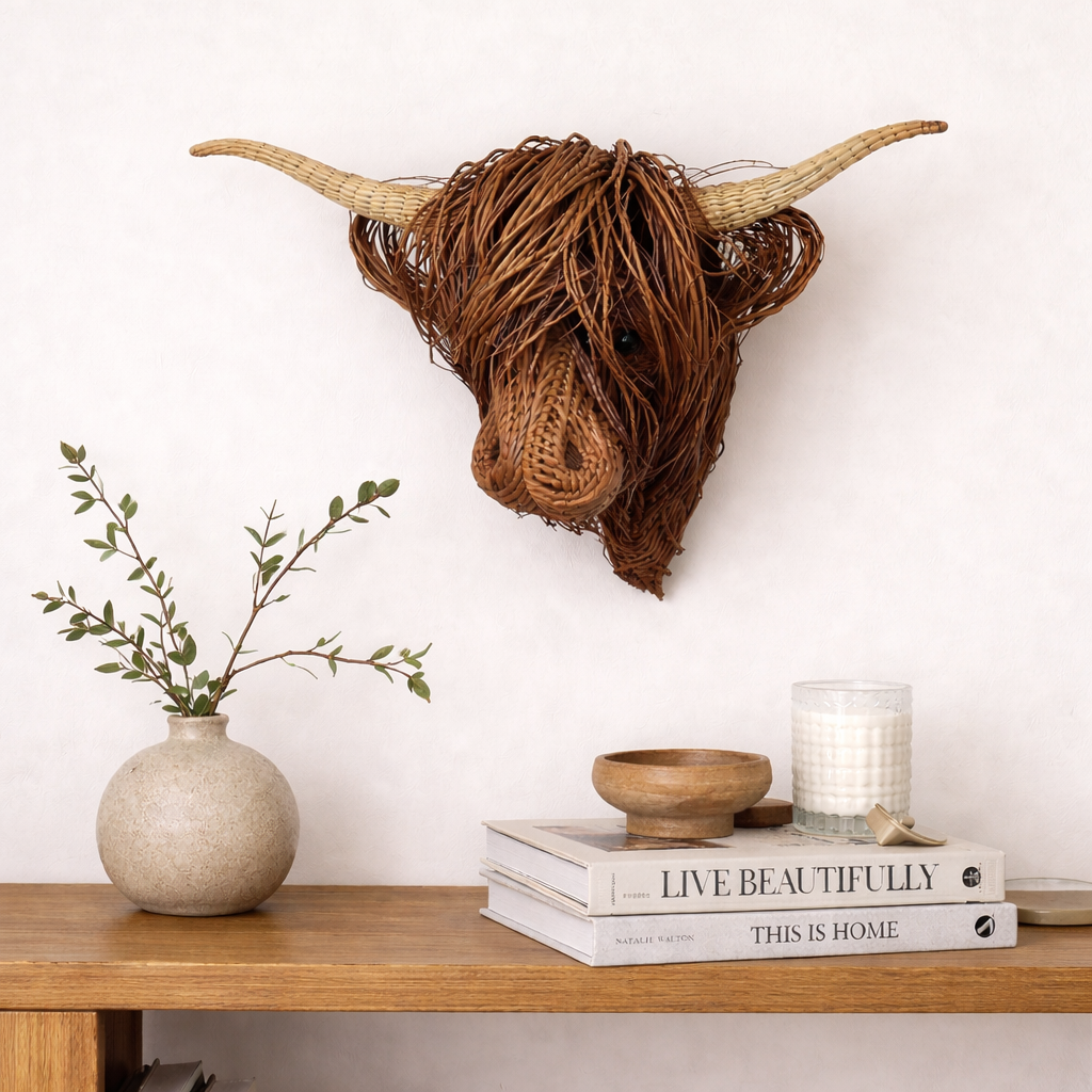 Highland Cow Wall Sculpture with Woven Detailing & Curved Horns | Rustic Home Decor 0