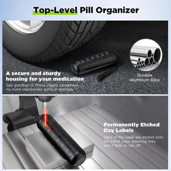 Tuzwa 7-Day Pill Organizer – Aluminum Alloy Weekly Pill Case with 7 Compartments, Silicone Gasket Seal & Compact Travel Design