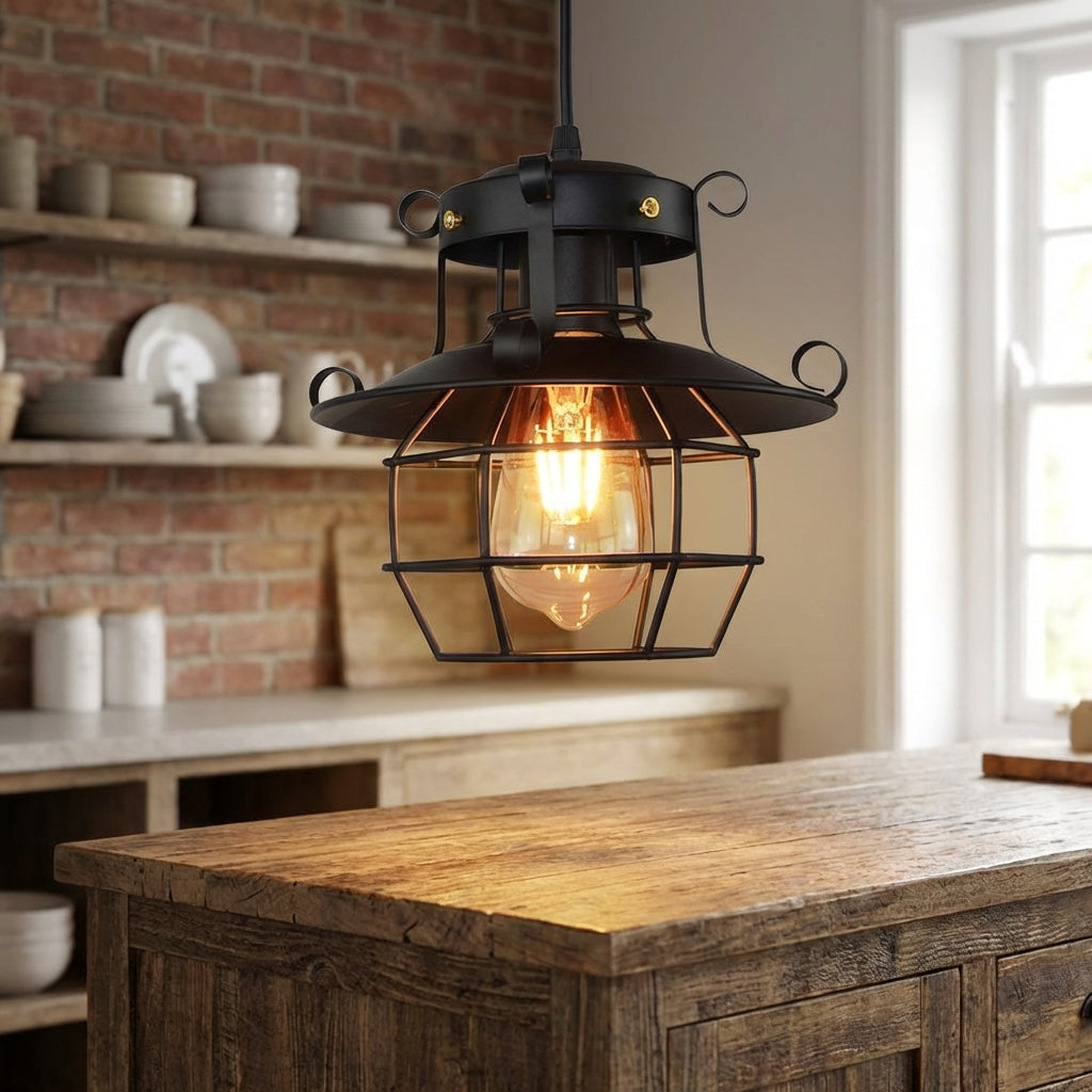 Industrial Pendant Light with Vintage Caged Design | Warm Glow for Kitchen Pendant Lighting 0