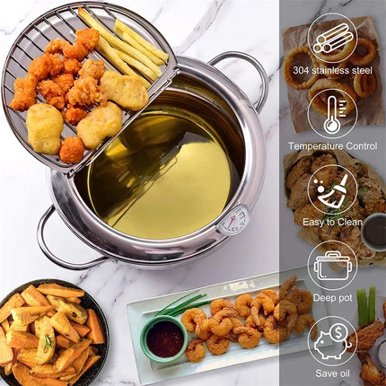 Skillet with Oil Thermometer, Stainless Steel Pan for Tempura
